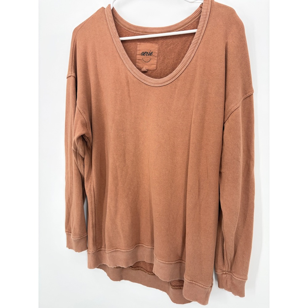 Aerie Oversized Sweatshirt XS Rust Orange Distressed Scoop Neck Slouchy Pullover